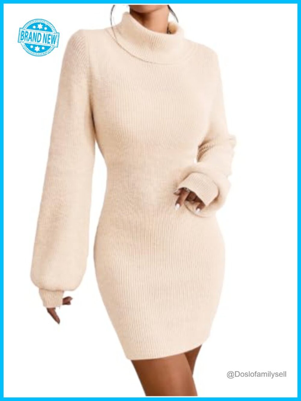 Turtleneck Sweater Dress Knit Mini Bodycon Lantern Sleeve